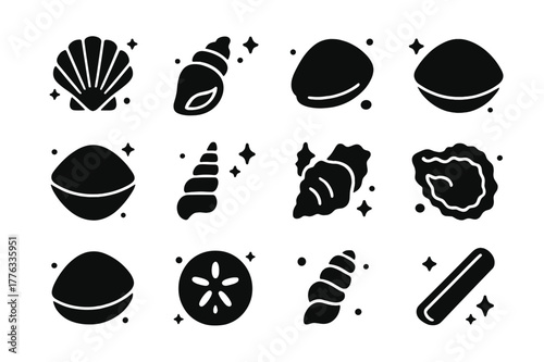 Seashell Icons Collection. Seashells. Solid icons set of Seashells: scallop shell, conch shell, cowrie shell, clam shell, nautilus shell, whelk shell, auger