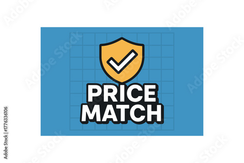 flat vector banner PRICE MATCH shield with tick headline strong subtle grid assurance marketing style