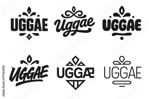 Uggae Emblem Variations. Emblem of Uggae. Set lettering. harmonious lettering variations of the same emblematic concept, each with different artistic