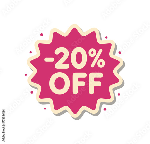 flat vector coupon 20% OFF starburst sticker with thick cream outline vivid magenta fill playful rounded font tiny dots around shadow for lift isolated on white background