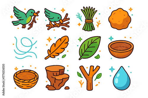 Nest Building Icons. nest building. Colorful isometric vector icons set of nest building: bird carrying twig, beak arranging sticks, grass bundle, mud pellet,