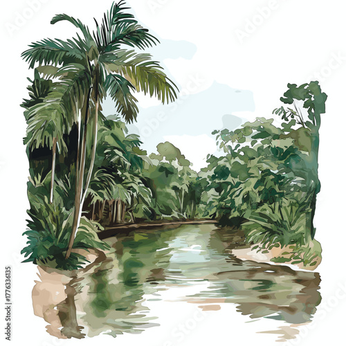Central Suriname Nature Reserve. Central Suriname Nature Reserve hand drawn watercolor illustration