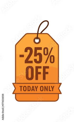 flat vector coupon 25% OFF vertical price tag with hole and string orange gradient fill bold condensed headline small TODAY ONLY ribbon subtle texture isolated on white background
