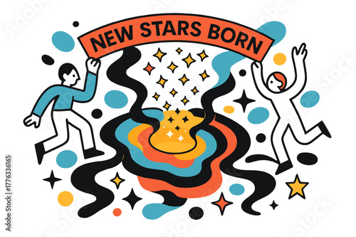 Cosmic Star Announcement. Cosmic Birth Announcement. Tiny star icons pop like confetti from a glowing cradle of gas; a banner reads ?New Stars Born.? Dust