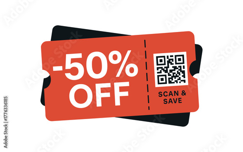flat vector coupon 50% OFF duoticket pair overlapped (black + red) large headline on front QR code and SCAN SAVE text minimalist tech style isolated on white background