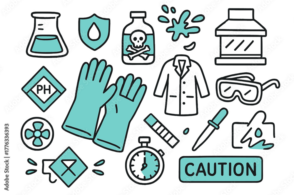Fototapeta premium Chemical Safety Icons. // Chemical-resistant gloves. Hand-drawn doodle illustration chemical-resistant gloves [gauntlet glove pair (accented), beaker