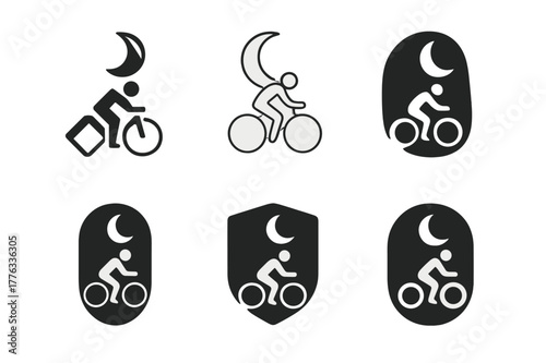 Night Cycling Logos. Night cycling. Set Logo of Night cycling: cyclist under crescent moon. harmonious logo variations of the same emblematic concept, each
