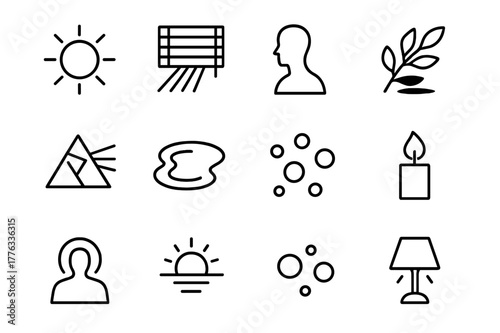 Light and Shadow Icons. Light and Shadow. Line icon set of Light and Shadow: sunbeam, window blinds, silhouette, shadow of leaves, prism rainbow, reflection
