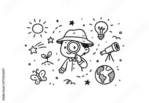 handdrawn cute doodle style discovery vector line illustration