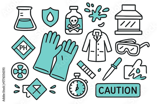 Chemical Safety Icons. // Chemical-resistant gloves. Hand-drawn doodle illustration chemical-resistant gloves [gauntlet glove pair (accented), beaker