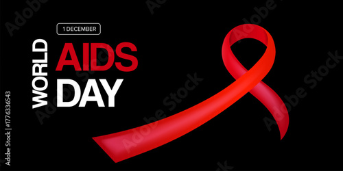 World AIDS DAY 1 december banner with text and red ribbon on grey background.. World HIV awareness day 1 December. Red ribbon with text isolated on grey background. World AIDS Day poster