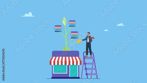 Businessman company leader watering shop growing plant with new shop blooming. Growing business or expand shop, entrepreneur to start business building company, raising or expanding business.