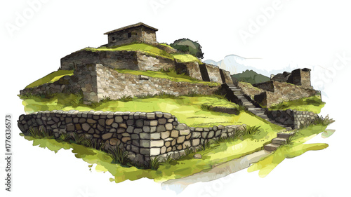 Ingapirca Ruins. Ingapirca Ruins hand drawn watercolor illustration