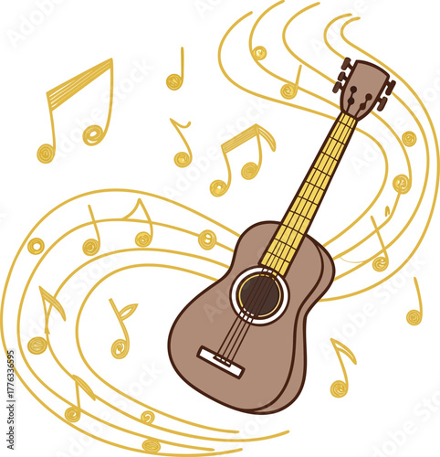 Brown acoustic guitar with golden swirling music notes cartoon