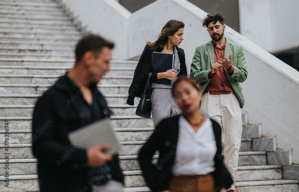 Fototapeta premium A group of coworkers in smart casual attire discuss ideas on a marble staircase, with notebooks and folders in hand.