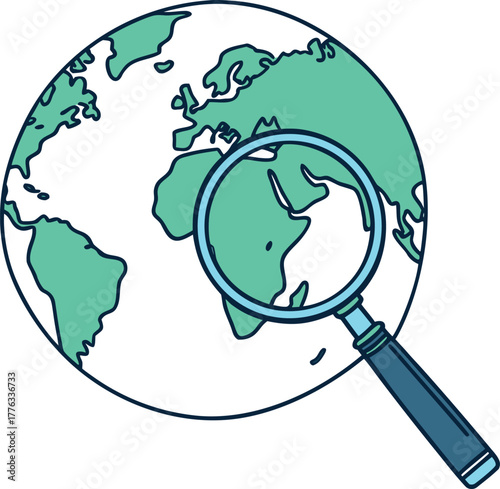 Worldwide search concept, magnifying glass inspecting world map