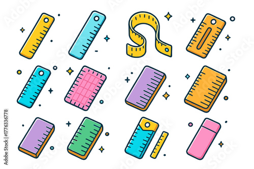 Colorful Rulers Icons. Ruler. Colorful isometric vector icons set of Ruler: straight ruler, steel ruler, flexible ruler, center-finding ruler, mini pocket