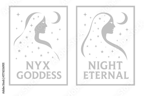 Nyx and Night Banners. Primordial Night. Two vertical A6 banners with safe margins, centered composition, no elements touching edges, flat vector design,