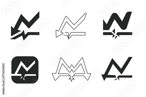 Market Volatility Logos. Market volatility risk. Set Logo of Market volatility risk: zigzag graph breaking support. harmonious logo variations of the same