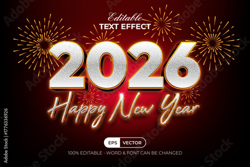 Happy New Year 2026 Text Effect Modern Shiny Style. Editable Text Effect With Firework Background.