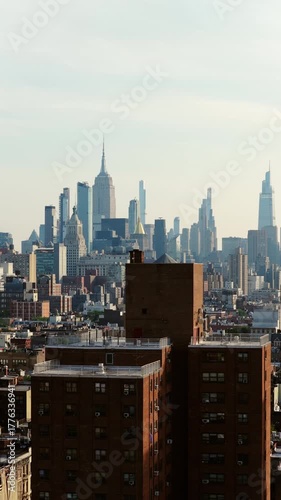 urban skyline with rooftop details, city skyline featuring rooftops and distant glass towers