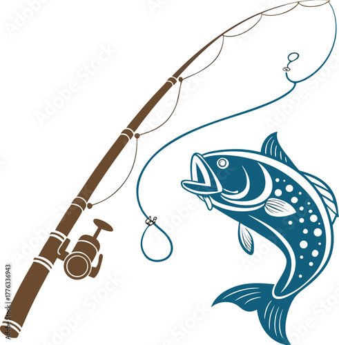 Illustration of a fishing rod with a jumping fish on the line