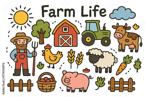 Farm Life Doodle. Farm Life. Colorful Hand-drawn doodle Children illustration Farm Life barn, tractor, farmer, cow, sheep, chicken, pig, basket, tree, sun,