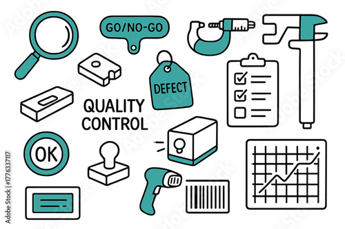 Quality Control Doodle. // Quality control. Hand-drawn doodle illustration Quality control [magnifier (accented), go/no-go gauge (accented), micrometer,