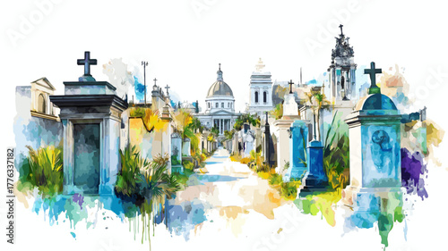 Recoleta Cemetery. Recoleta Cemetery hand drawn watercolor illustration