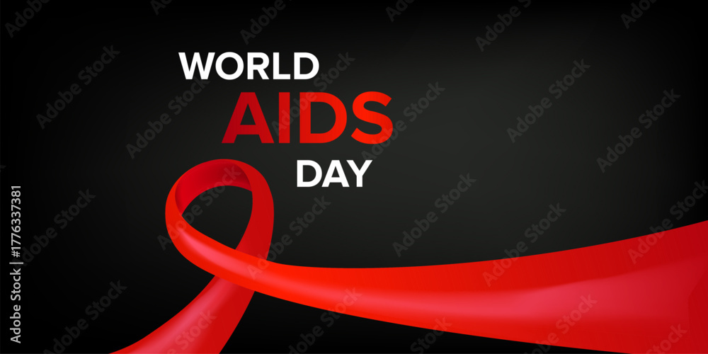 Naklejka premium World AIDS DAY 1 december banner with text and red ribbon on grey background.. World HIV awareness day 1 December. Red ribbon with text isolated on grey background. World AIDS Day poster