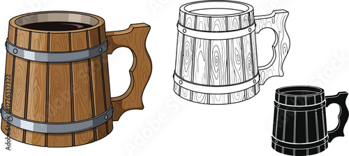 Wooden beer mug vector illustration drinkware design element