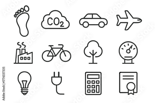 Carbon Footprint Icons. Carbon footprint. Line icon set of carbon footprint: footprint, co2 cloud, car, airplane, factory, bicycle, tree, energy meter, light