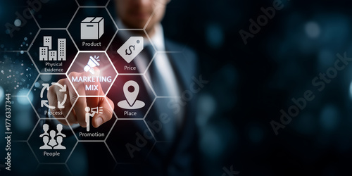 Marketing Mix 7Ps and Business Strategy Concept,Copy Space