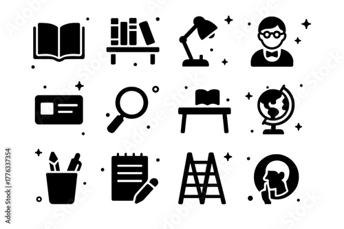 Library Reading Essentials. Reading at the Library. Solid icons set of Reading at the Library: open book, library shelf, desk lamp, librarian, library card,