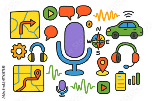 Navigation Interface Doodles. Navigation voice assistant interface. Colorful Hand-drawn doodle Children illustration Navigation voice assistant interface