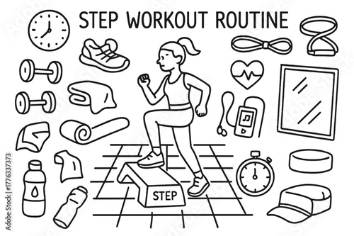Step Workout Sketch. Step Workout Routine. Hand-drawn doodle illustration Step Workout Routine aerobic step, person exercising, dumbbells, sneakers, towel,