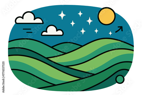 Vibrant Rolling Hills. Rolling hills. Scenic landscape with undulating green hills under blue sky, abstract floating clouds, sun, and sparkles; conveys
