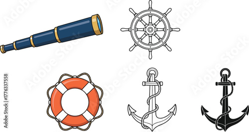 Nautical vector set with telescope wheel anchor and lifebuoy