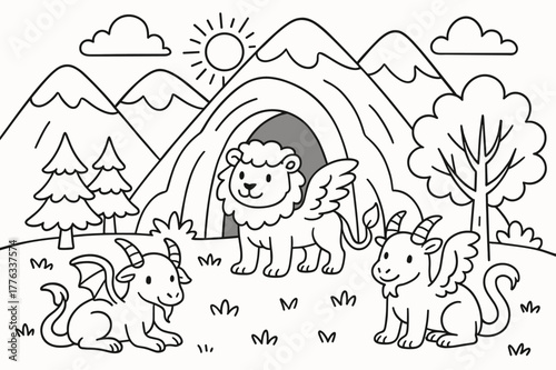 Mythical Habitat Coloring Page. Mythical habitats children?s coloring book illustration, outlined drawing, a soft mountain landscape with a cave and trees
