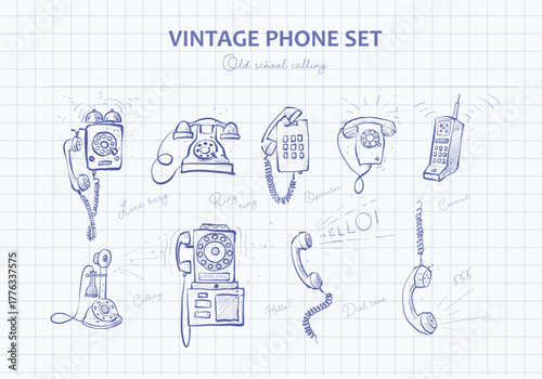 Vector doodle set of vintage phones drawn in blue ink on grid paper background