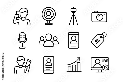 Influencer Marketing Icons. Influencer marketing visuals. Line icon set of influencer marketing: selfie, ring light, tripod, camera, microphone, followers,