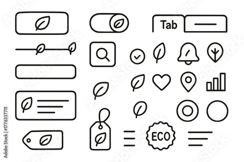 Eco UI Doodles. Eco user interface elements. Hand-drawn doodle illustration Eco user interface elements button, toggle switch leaf, slider, checkbox, search