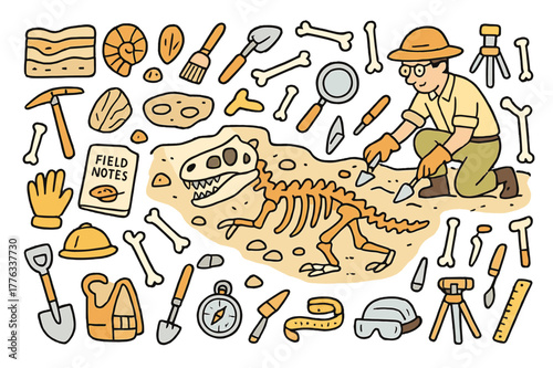 Paleontology Excavation Doodle. Paleontology dig. Hand-drawn doodle illustration paleontologist (colored), dinosaur skeleton (colored), fossils (colored),
