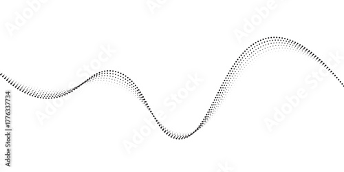 Flowing dots particles wave pattern halftone gradient curve shape isolated on white background.
