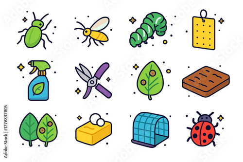 Pest Control Icons. Pest and disease control. Colorful isometric vector icons set of Pest and disease control: aphid insect, whitefly, tomato hornworm, yellow