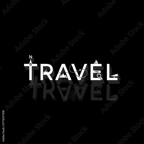 The word TRAVEL is displayed in large white letters against a black background, with various travel-related icons integrated into the letters.