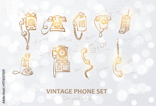 Glowing vintage phone doodles with light bokeh effect on white background, hand-drawn vector set.