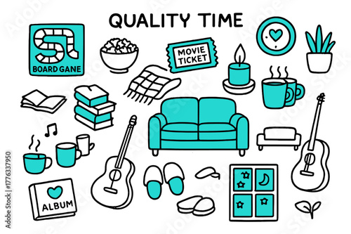 Cozy Game Night. Quality time. Hand-drawn doodle illustration quality time board game (accented), popcorn bowl, movie ticket (accented), blanket, candle