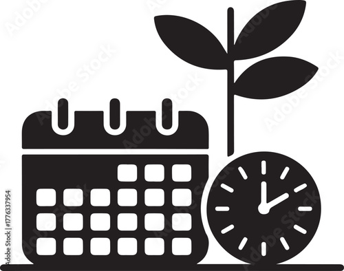 Vector graphic depicting a calendar planner a clock and a leaf branch combining themes of scheduling time management and nature
