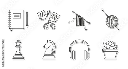 hobby icons notebook scissors knitting chess headphones  succulent representing diverse creative pursuits and relaxation for blogs  DIY guides.